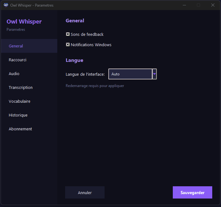 Interface Owl Whisper - Parametres